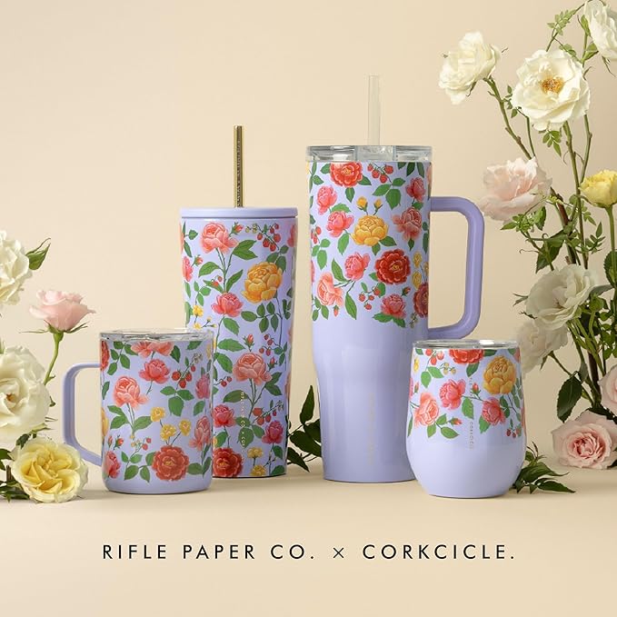 Corkcicle Stemless Insulated Wine Glass Tumbler - Keeps Beverages Cold 6 Hrs Hot 3 Hrs - Stainless Steel - Easy-Grip - Gift for Mom - Great for Mother's Day or Christmas - 12 oz - Roses Purple