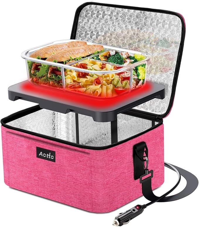 Aotto Portable Oven Electric Lunch Box Food Heater - 12V/24V 2-in-1 Car Food Warmer, Heated Lunch Box for Adults, Cook, Reheat, and Keep Meals Warm for Car, Truck, Travel - Pink