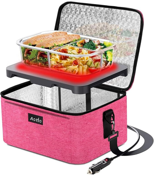 Aotto Portable Oven Electric Lunch Box Food Heater - 12V/24V 2-in-1 Car Food Warmer, Heated Lunch Box for Adults, Cook, Reheat, and Keep Meals Warm for Car, Truck, Travel - Pink