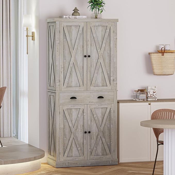 IRONCK Kitchen Pantry Storage Cabinet 72.6" H, with Barn Doors, Drawer, 4 Adjustable Shelves, Freestanding Cupboard for Dining Room Living Room, Laundry, Rustic Maple