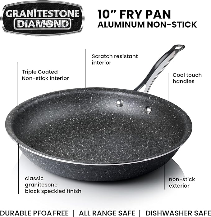 Granitestone 10" Non-Stick Frying Pan with Mineral/Diamond Coating for Long long-lasting nonstick Frying, Skillet for Cooking with Stay Cool Handles, Oven/Dishwasher Safe, Non-Toxic