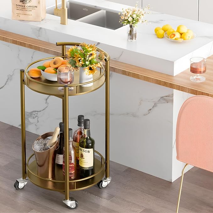Bar Cart Gold Rolling Cart for Home, 2 Tiers Bar Serving Cart Round Wine Cart - Image 4