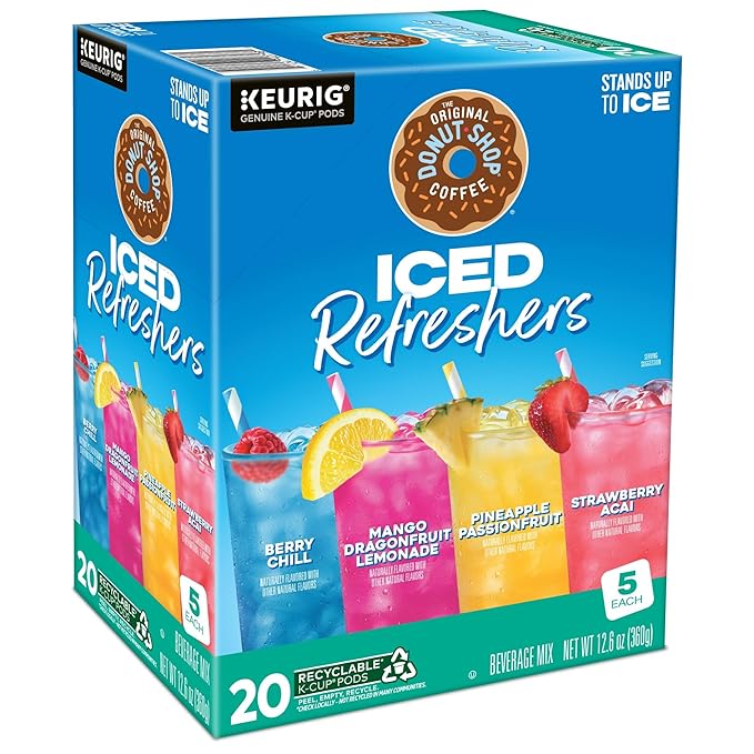 The Original Donut Shop, Iced Refreshers, Keurig Single Serve K-Cup Pod Variety Pack, Strawberry Acai, Pineapple Passionfruit, Mango Dragonfruit Lemonade, Berry Chill, 20-Count