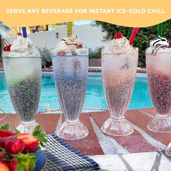 Lily's Home 12oz set of 4Insulated Double Wall Gel-Filled Acrylic Plastic Frosted Freezer Milkshake Glasses. Ideal for Root Beer Float, Smoothies and Ice Cream Soda