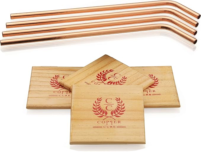 Gift Set Pure Copper Hammered Mugs with Copper Straws & Wooden Coasters Set of 4 - PREMIUM QUALITY -16 Oz Copper Mug - 100% Handcrafted - A Gift Pack for your loved Ones.