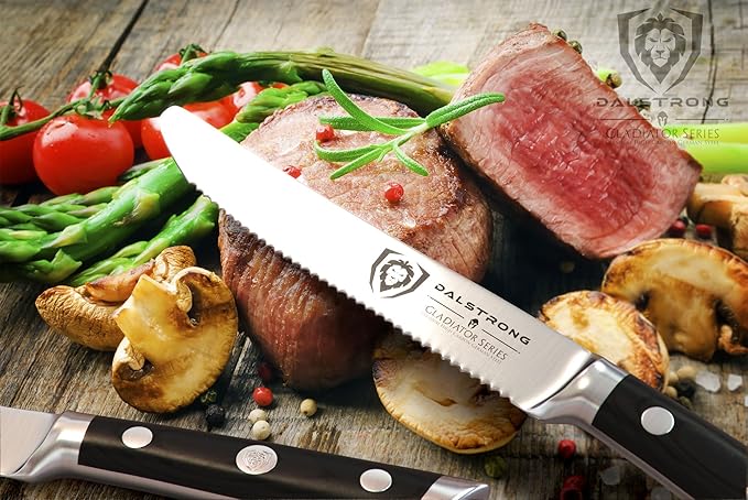 Dalstrong Steak Knives-4pc- Serrated Blade-Gladiator Series Elite-Forged German High-Carbon Steel-Table Dinner Kitchen Knives-Sheaths-Razor Sharp - Dinner Set-NSF Certified