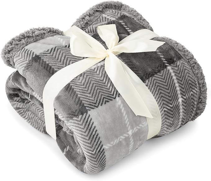 PAVILIA Light Grey Plaid Sherpa Throw Blanket for Couch, Plush Flannel Fleece, Soft Fuzzy Cabin for Sofa Bed, Warm Cozy Winter Gift, 50x60