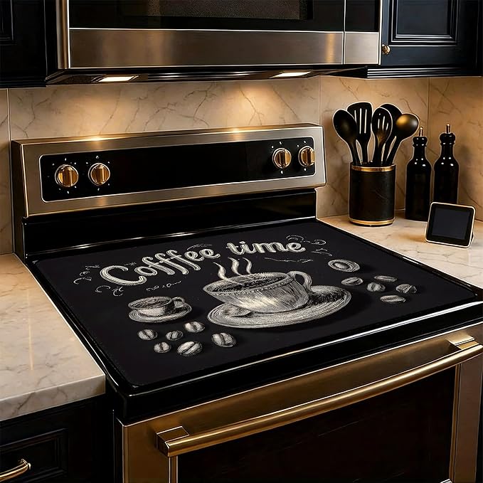 Coffee Time Stove Top Cover 28.3 x 20.5 Inches, Heat Resistant Glass Stove by KKYEJLQYI
