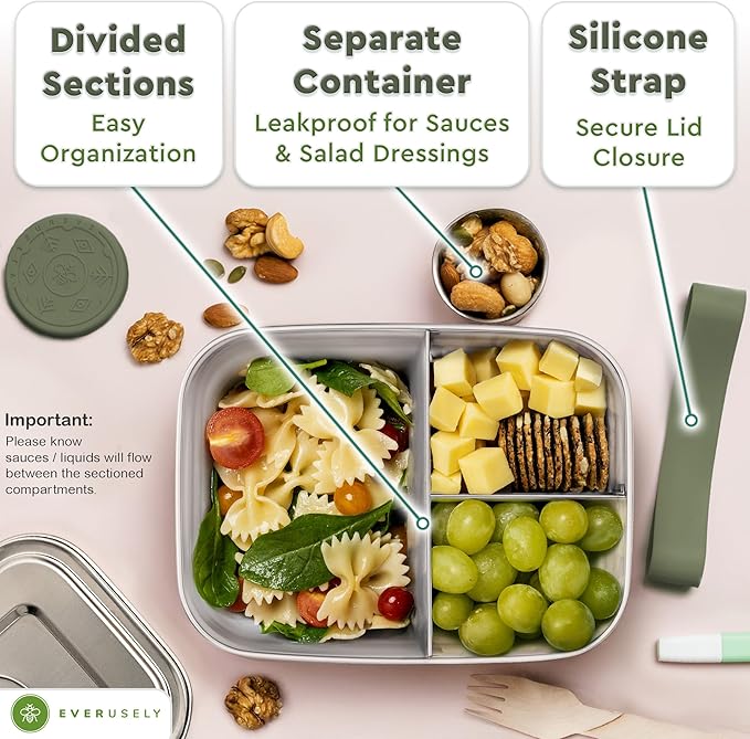 Everusely - Bento Box - Sage, 47oz / 1.4 L - Stainless Steel Lunch Box with Leakproof Condiment Container - 3 Compartment Snack Organizer for On the Go Meals - Freezer & Dishwasher Safe