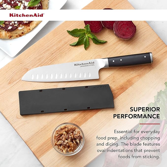 KitchenAid Gourmet Forged Triple Rivet Santoku Knife with Custom-Fit Blade Cover, 7-inch, Sharp Kitchen Knife, High-Carbon Japanese Stainless Steel Blade, Black
