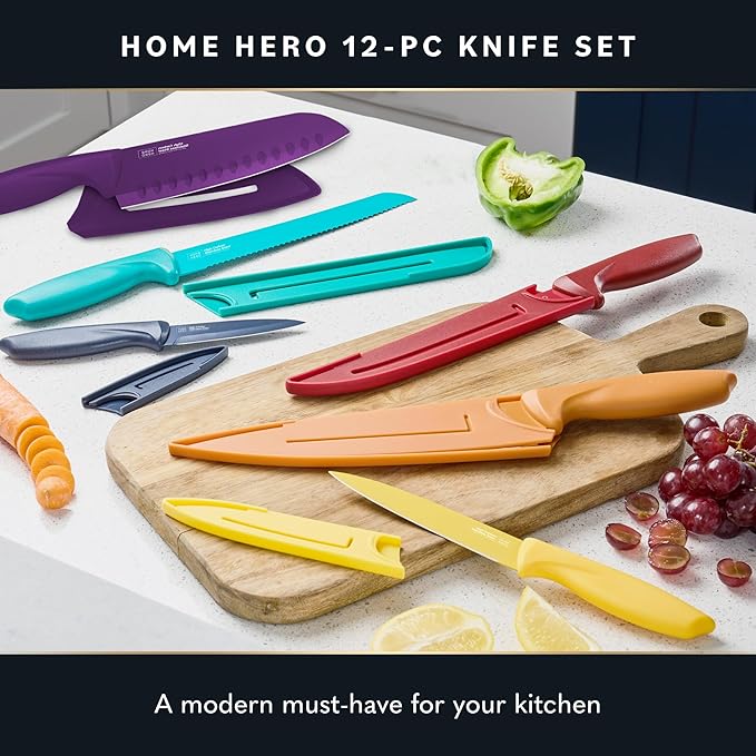 Home Hero Kitchen Knife Set - High Carbon Stainless Steel Blades - Nonstick Ceramic Coating - Ergonomic Handles with Protective Sheaths - 12 Pieces, Multicolor