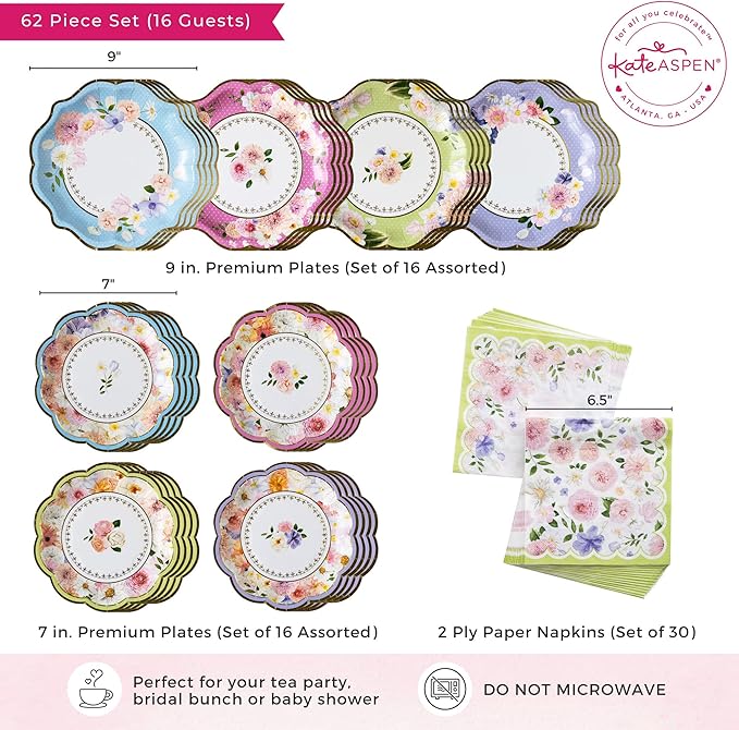 Kate Aspen Tea Party Decorations, Colorful Pastel Plates And Napkins Garden Party Supplies for Adults Bridal Showers, Baby Shower Decorations, Birthdays, 62 Pc, 16 Guests