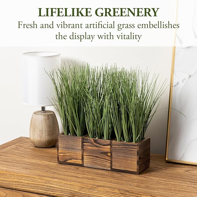 MyGift Artificial Green Grass Plants Trio in Rustic Burnt Solid Wood Planter - Image 3