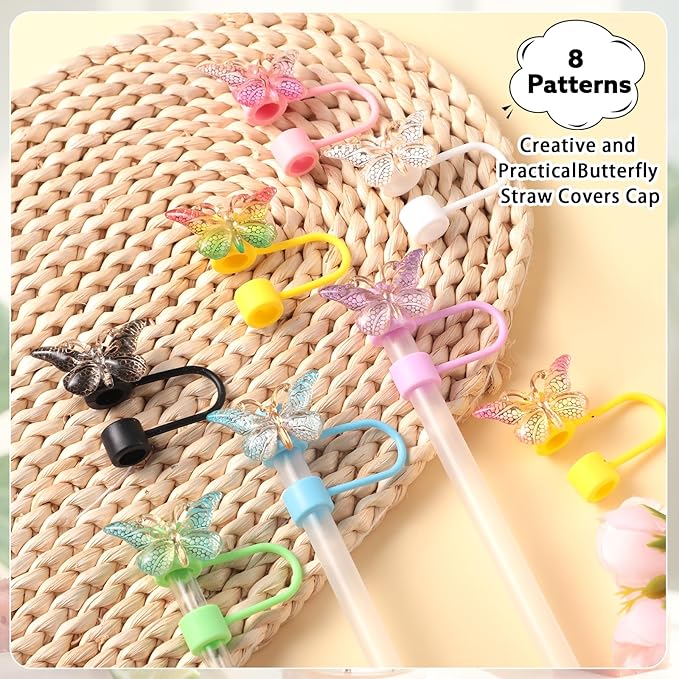 8 PCS Butterfly Straw Cover, Straw Toppers for Stanley 30&40 Oz Tumbler, Cute Straw Caps in Various Shapes Silicone Straw Covers Cap for 0.4 Inch/10 mm Straw Tips