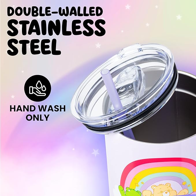 Silver Buffalo Care Bears Rainbow Featuring Funshine, Cheer, Grumpy, Friend, and Good Luck Bear Stainless Steel Tumbler with Handle and Straw, Fits in Standard Cup Holder, 40 Ounces