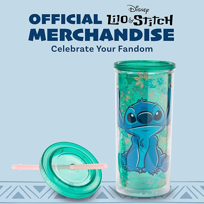Silver Buffalo Disney Lilo and Stitch Tropical Pattern Plastic Tall Cold Cup with Lid and Straw, 20 Ounces