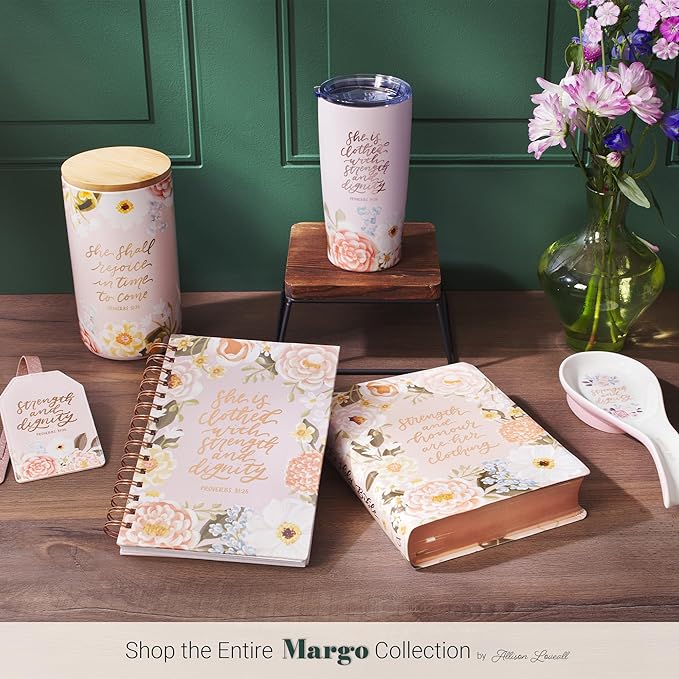 Christian Art Gifts Large Stainless Steel Inspirational Travel Mug Tumbler for Women: Strength & Dignity Scripture, Sturdy Vacuum Insulated, Hot/Cold, Retractable Lid, Pink Multicolor Floral, 18 oz.