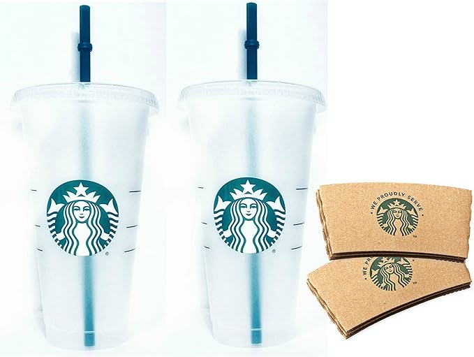 Starbucks Reusable 24 fl oz Frosted Ice Cold Drink Cup Bundle Set with Sleeves