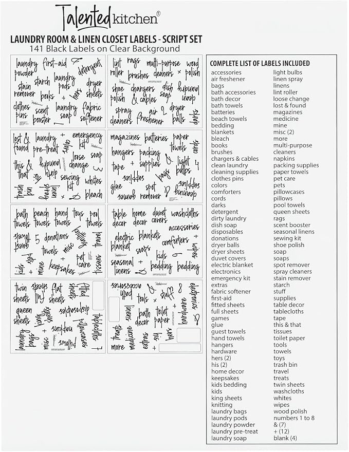 Talented Kitchen Laundry Labels for Jars & Containers - 141 Count, White Vinyl, Modern Script - Laundry Room Organization & Kitchen Organization with Food Container Labels and Water-Resistant Adhesive