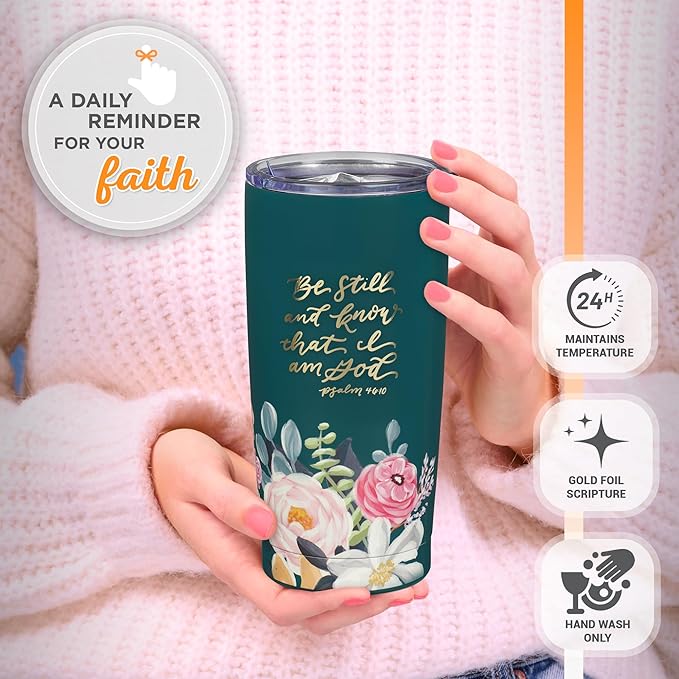 Christian Art Gifts Large Stainless Steel Inspirational Travel Mug Tumbler for Women: Be Still & Know Encouraging Scripture, Vacuum Insulated, Hot/Cold, Retractable Lid, Teal Multicolor Foral, 18 oz.