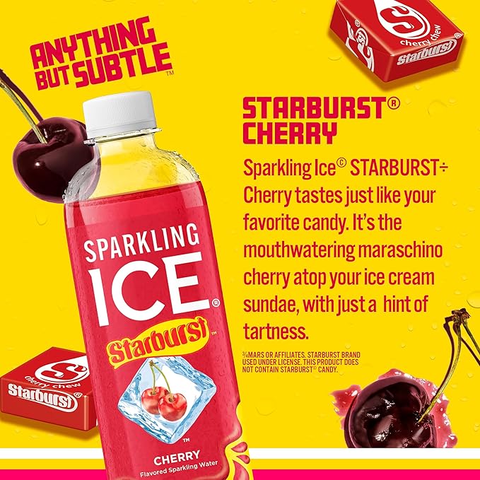 Sparkling Ice STARBURST Cherry, Zero Sugar Flavored Sparkling Water, with Vitamins and Antioxidants, Low Calorie Beverage, 17 fl oz Bottles (Pack of 12)