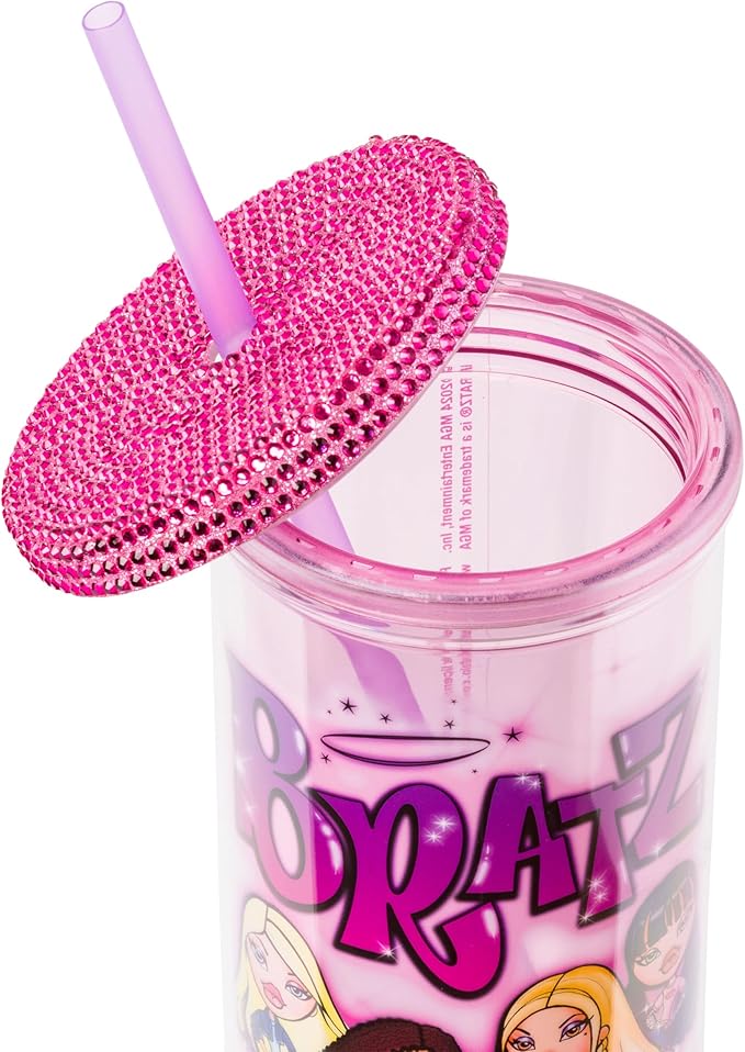 Silver Buffalo Bratz Featuring Cloe, Yasmin, Jade, and Sasha Plastic Tall Cold Cup with Rhinestones Lid and Straw, 20 Ounces