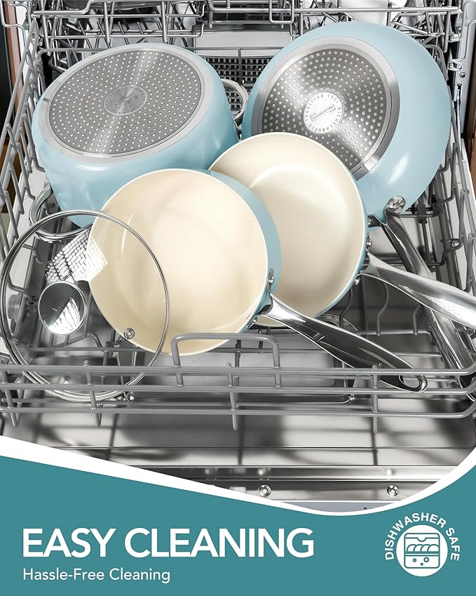 MICHELANGELO Pots and Pans Set Non Stick Ceramic Cookware Set, 8-Piece Nonstick Pots and Pans, Non-Toxic, Oven Safe & Compatible with All Stovetops - Blue