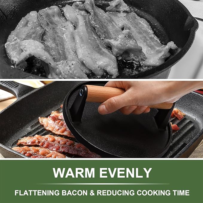 EWFEN Burger Press, 7" Round & 8.2"X4.3" Rectangle Heavy-Duty Cast Iron Smash Bacon Press Meat Steak with Wood Handle for Griddle, Sandwich, Nonstick Pan