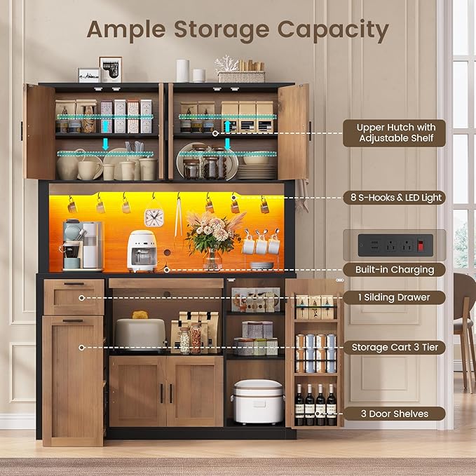 Itaar 71" Pantry Cabinet with Charging Station and LED Light, Kitchen Pantry Cabinet with Microwave Stand, 47.2" Wide Kitchen Storage Cabinets with Storage Cart 3 Tier for Dining Room (Brown)