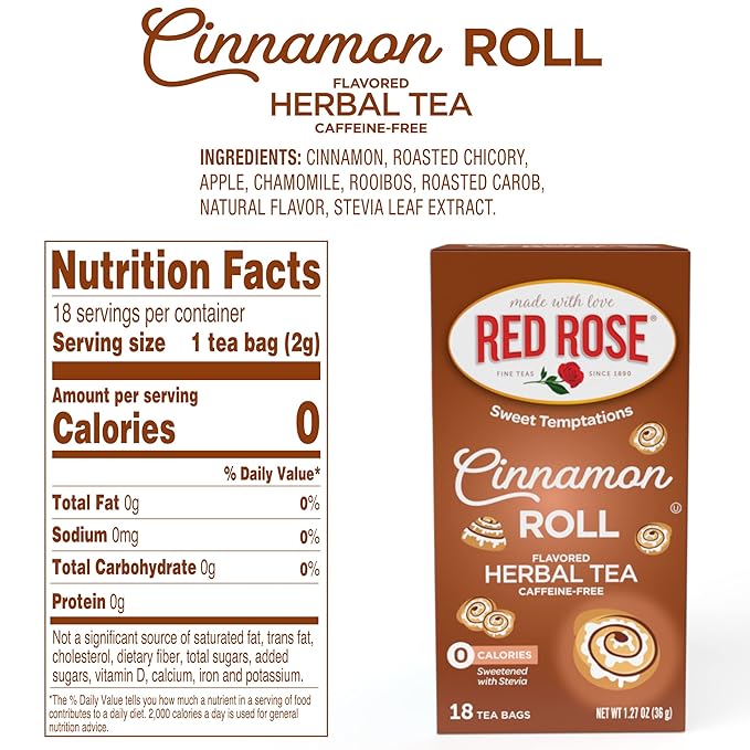 Red Rose Sweet Temptations Dessert Tea Cinnamon Roll, Zero Carbs, Zero Sugar Bursting with Flavor Caffeine-Free Delicious Beverage Herbal Tea, 18 Count Pack of 2 Fruit Naturally Flavored Herbal Tea