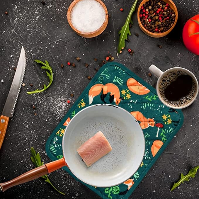 Pot Holders Set of 2 Heat Resistant 480℉ Kitchen 100% Cotton Comfortable Lining Printing Fox Flower Women Men Home Cooking Baking Microwave BBQ Gift(Fox Flower)