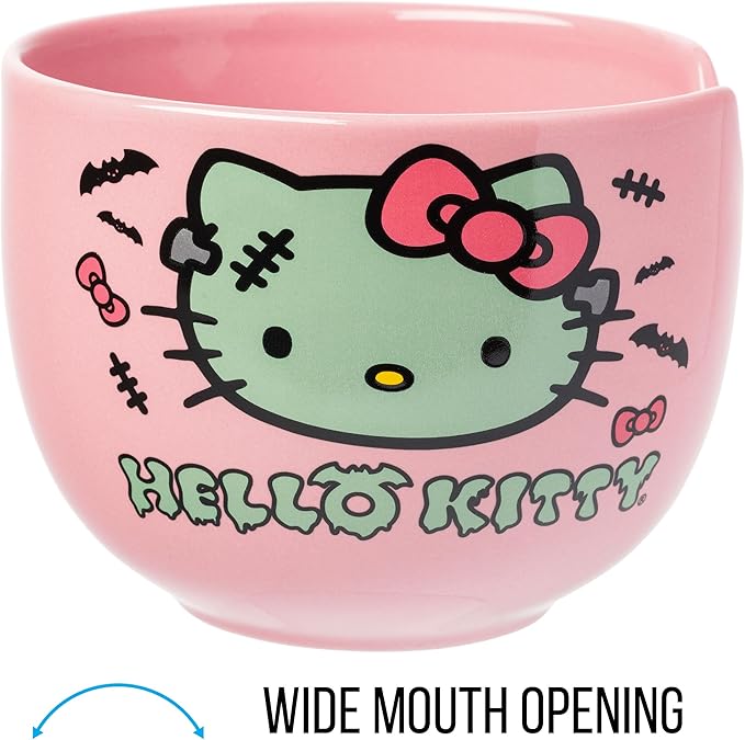 Silver Buffalo Sanrio Hello Kitty Halloween Spooky Frankenstein Ceramic Ramen Bowl with Chopsticks, Microwave Safe, 20 Ounces
