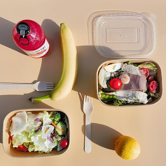 MINCOCO 50 Count Paper Bowls Disposable Meal Prep Containers with Lids【Includes 50 Wooden Forks + 100 Labels】 Salad Food Containers Freezer & Microwave Safe Leakproof Soup Bowls (19 Ounce, 50-Count)