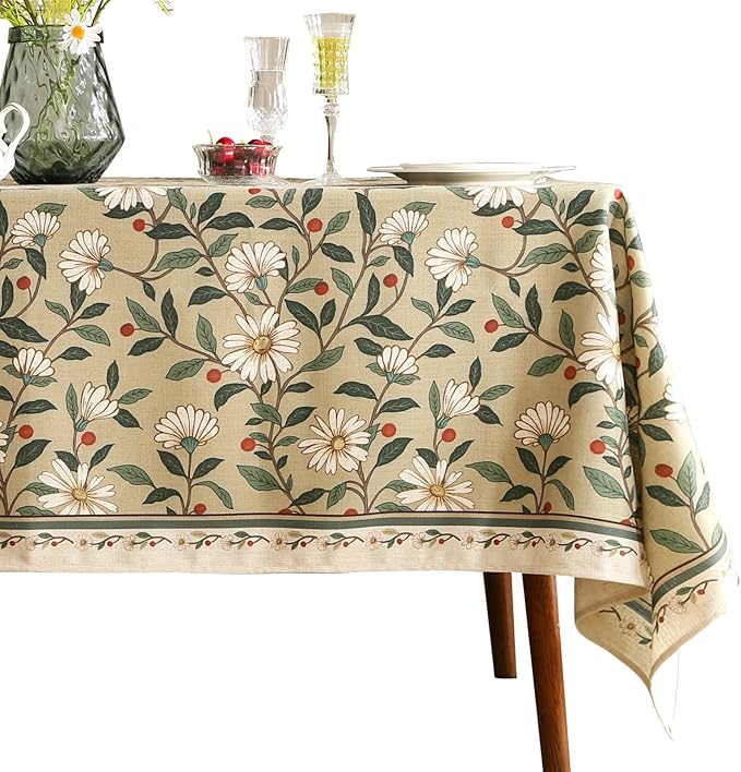 ISAENNE Designer Green Linen Extra Long Tablecloth Rectangle,Floral French Country Indoor Table Cloth,Stain Resistant Home Decor Tablecloths for Dining Kitchen Thanksgiving Party,67"*118"-Brune