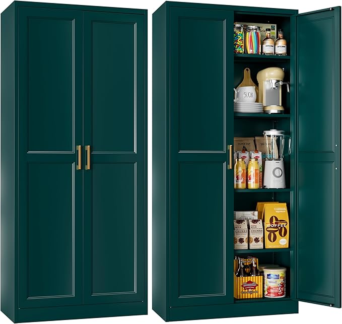 71" Tall Metal Storage Cabinet, Kitchen Pantry Storage Cabinets with Doors and 4 Shelves, Food Pantry Cabinet, Large Cupboard, Utility Steel Cabinets for Dining, Kitchen, Living Room, Green