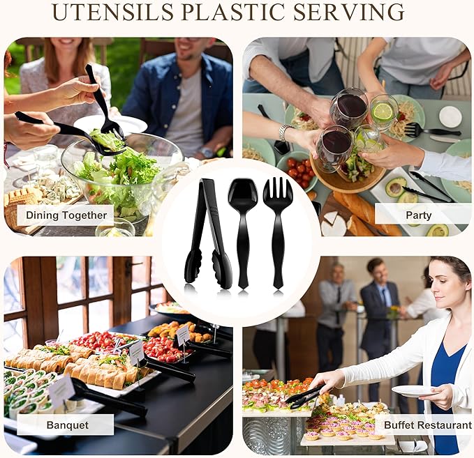 36Pcs Plastic Serving Utensils Set 9'' Large Disposable Serving Spoons Forks Tongs for Serving Food Heavy Duty Black Large Party Utensils Supplies for Buffet Restaurant Dinner Salad Noodles Soup