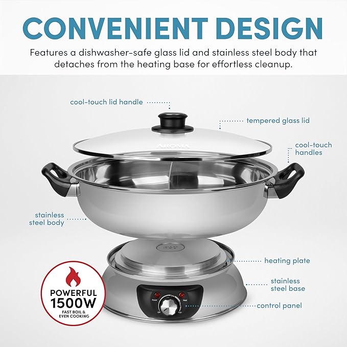 Aroma Housewares ASP-610 Dual-Sided Shabu Hot Pot, 5Qt, Stainless Steel Aroma Housewares 3 Uncooked/6 Cups Cooked Rice Cooker, Steamer, Multicooker, 2-6 cups, Black