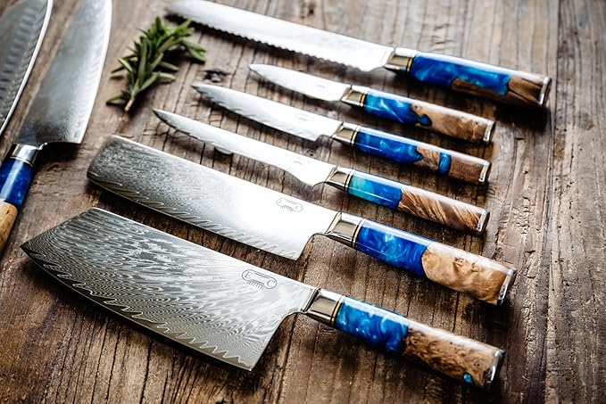 Epicurean Cook Tidal Collection 8 PCS Damascus Knife Set Japanese Kitchen Knives with VG10 Steel Core Ultra-Sharp Professional Chef Knife Set with Elegant Box and Blue Resin and Burl Wood Handles