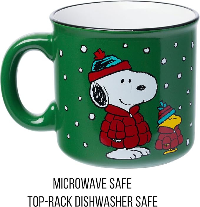Silver Buffalo Peanuts Christmas Snoopy and Woodstock Puffer Jacket in Snow Ceramic Camper Mug, 20 ounces