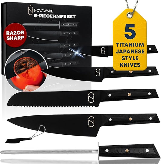 NOVAWARE 5 Pc Kitchen Knife Set – Ultra Sharp 60 HRC Chef Knife Sets, Black Titanium Coated Steel, Ergonomic G10 Handles – Chef Knives Without Block + Mini-Knife, Professional Knives Set for Kitchen
