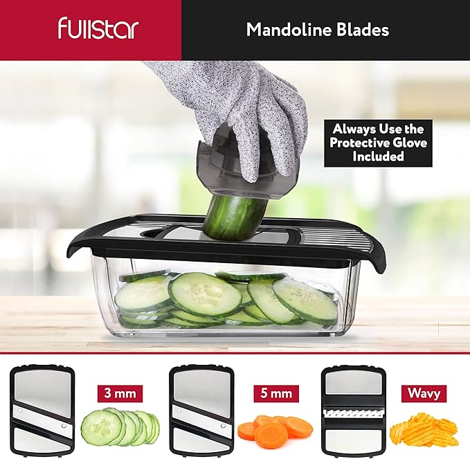 Fullstar Mandoline Slicer for Kitchen, Fruit Cutter, Cheese Grater, Cucumber Slicer, Veggie Spiralizer, Food Cutter & Kitchen Gadgets & Gifts with Safety Glove (11 in 1, Stainless Steel)