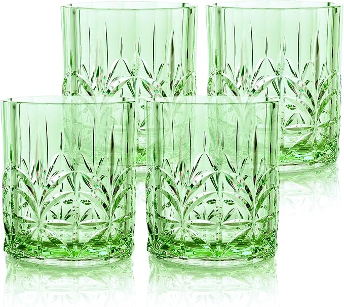 BELLAFORTE Shatterproof Tritan Plastic Short Tumbler, Set of 4, 13oz - Myrtle Beach Unbreakable Crystal Cut Old Fashioned Drinking Glasses for Whiskey - BPA Free - Dishwasher Safe - Green
