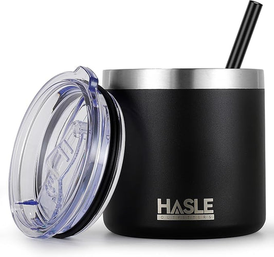 HASLE OUTFITTERS 10oz Insulated Tumblers with Lid and Straw,Stainless Steel Tumbler Travel Coffee Mug,Double Wall Reusable Tumbler Cup for Iced and Hot Drinks(Black,1 Pack