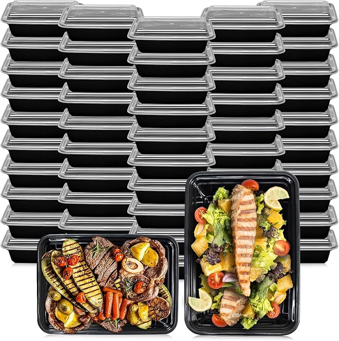 Klex 16 Oz, 150 Sets Meal Prep Containers with Airtight Lids, BPA Free, Reusable Plastic Food Container, 16 oz, Rectangular, Black/Clear, 150 Sets