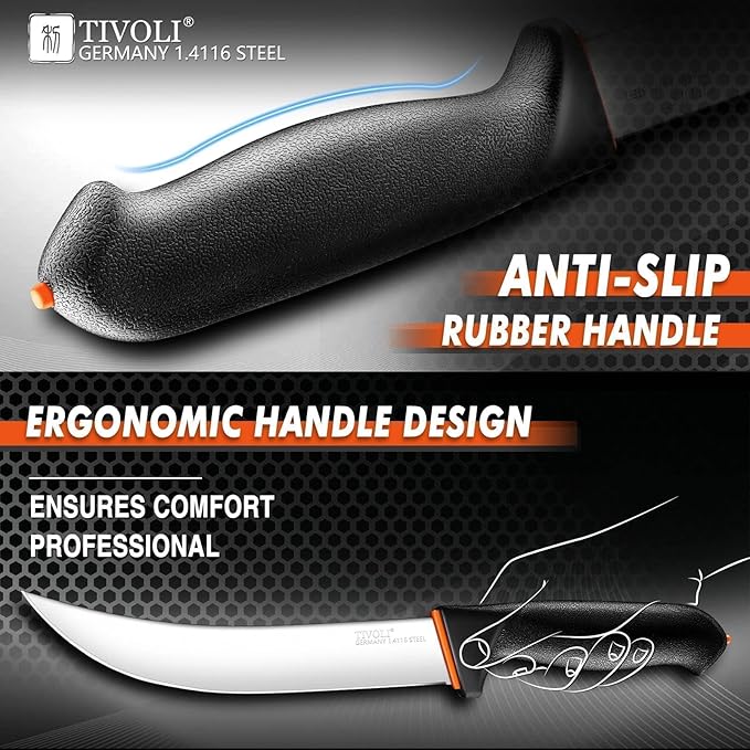 TIVOLI 6 PCS Professional Butcher Knife Set, Game Processing Knife Set, Non-Slip Softgrip, German Stainless Steel, Skinning Boning Trimming Poultry Knife Set For Meat Cutting, Incl 7" Sharpener Rod