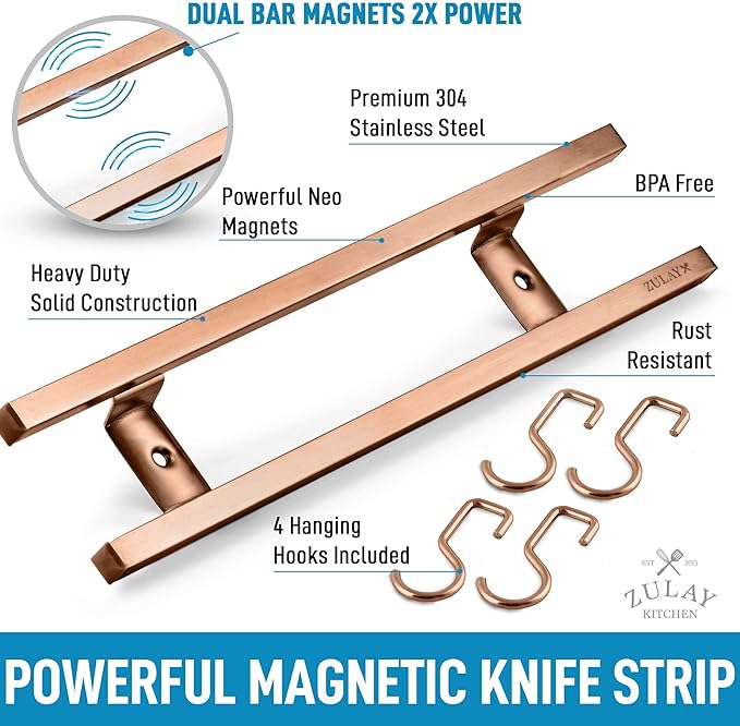 Zulay (12 Inch) Stainless Steel Magnetic Knife Holder For Wall - Powerful Knife Magnetic Strip With Extra Hanging Hooks - Wall Mount Magnetic Knife Strip & Organizer For Kitchen & Tools (Copper)