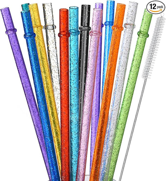 ALINK 12-Pack Reusable Clear Plastic Glitter Straws, 13 inch Extra Long Tumbler Straws for Stanley Cups, 1 Gallon, 64 oz 40 oz 32 oz Water Bottles, Plus Cleaning Brush