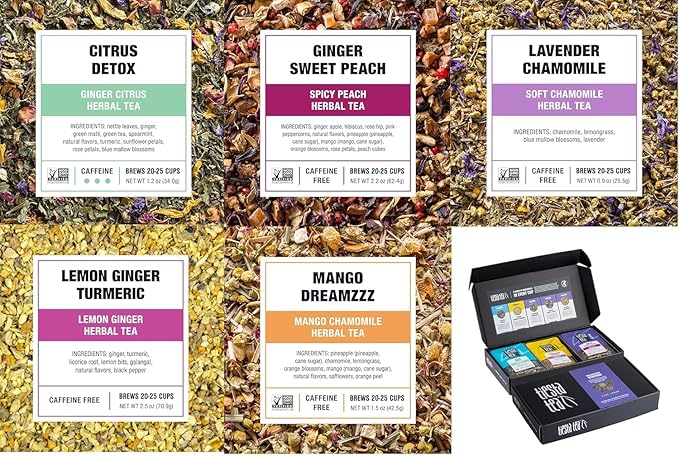 Tiesta Tea - Tiesta's Top Loose Leaf Tea Gift Box, High to Non-Caffeinated Variety Pack, Make Hot & Iced Brews, 5 Pouches of Assorted Blends with Green, Herbal, Black & Fruit Bags