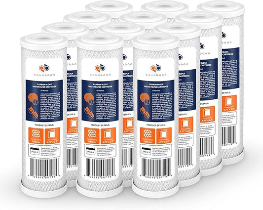 Aquaboon 5 Micron 10 x 2.5 Carbon Block Water Filter Cartridge CTO Whole House Water Filter Replacement Compatible with WHKF-WHWC, FXWTC, 12-PACK