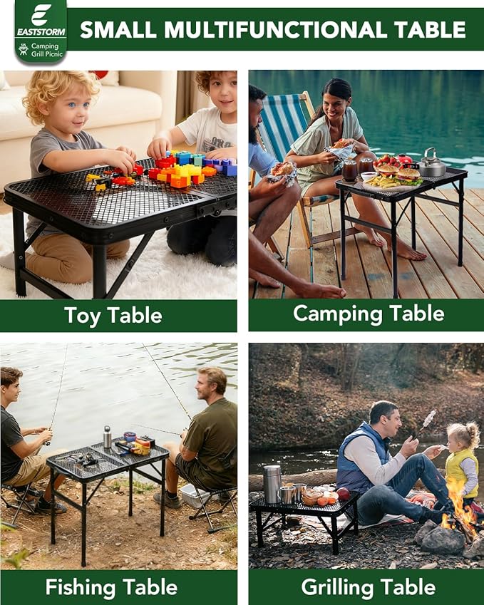 2Ft Small Folding Table with Carry Handle, Adjustable Height 10.6–22 in, Black Metal Mesh, Portable & Compact Indoor/Apartment/Card/Side/Grill Table, 23.6×15.8 in, 4 lb, 66 lb Capacity